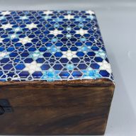 Stor Trälåda med Keramisk Glasyr - 20x15x7.5cm - Blå Stjärnor