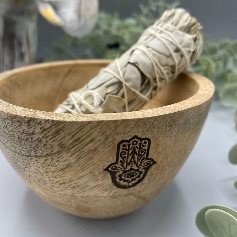 Träskål till Smudge Sticks och Ritualer - Hamsa - 12x7cm