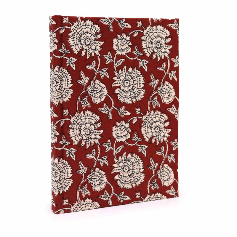 Bomullsbundna Anteckningsböcker (20x15cm) - Vinröd med Blommor