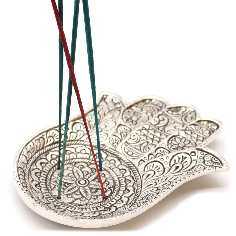 Stor Rökelsehållare i Polerat Aluminium  - Hamsa 18x13cm