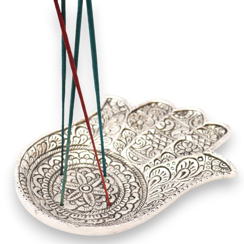 Stor Rökelsehållare i Polerat Aluminium  - Hamsa 18x13cm
