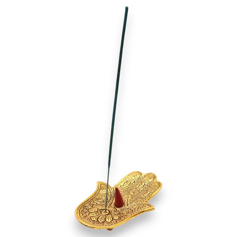 Liten Rökelsehållare i Guld Aluminium - Hamsa 13x5.5cm