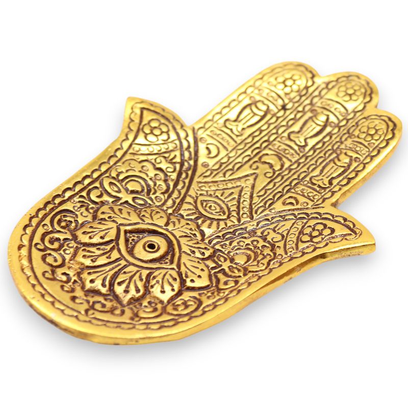 Liten Rökelsehållare i Guld Aluminium - Hamsa 13x5.5cm