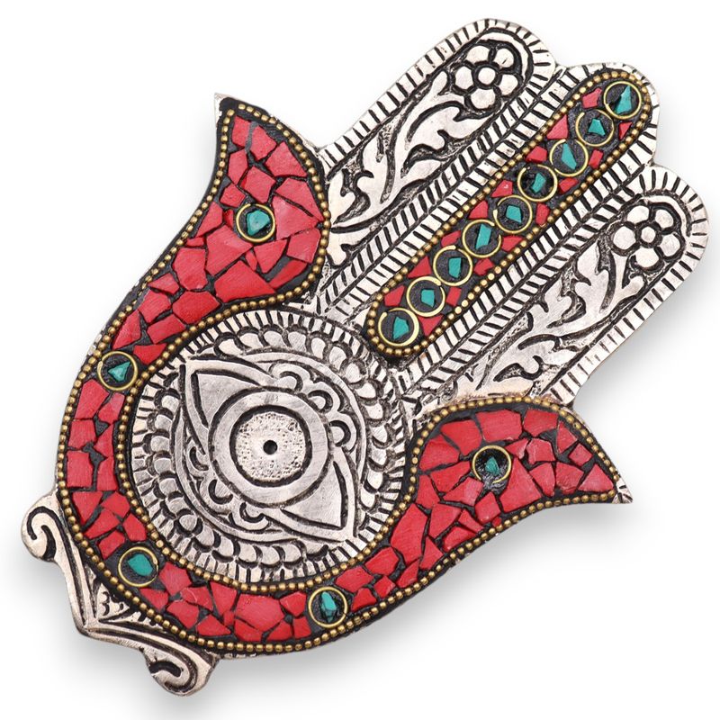 Liten Röd & Grön Rökelsehållare - Hamsa 13x5.5cm