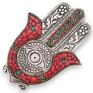 Liten Röd & Grön Rökelsehållare - Hamsa 13x5.5cm