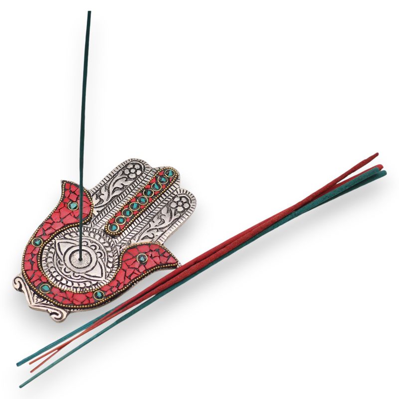 Liten Röd & Grön Rökelsehållare - Hamsa 13x5.5cm