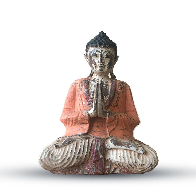 Vintage Handsnidad Buddhastaty i Orange - 30cm - Välkomnande