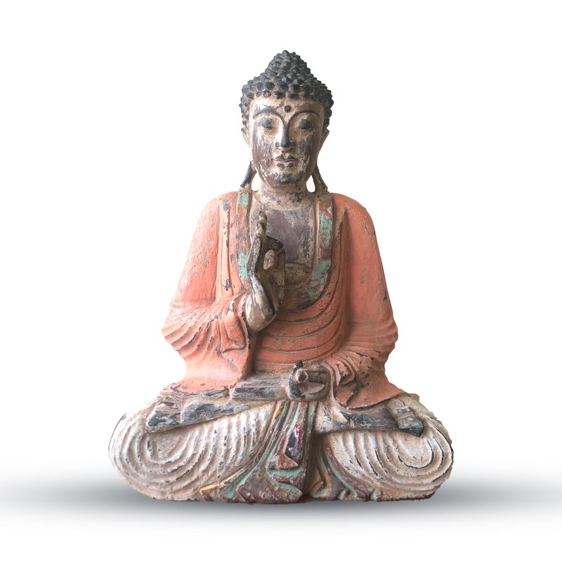 Vintage Handsnidad Buddhastaty i Orange - 40cm - Undervisning