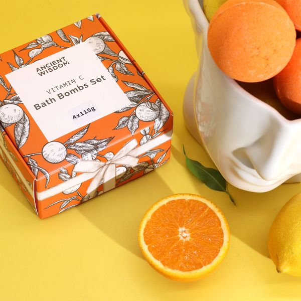 Set med Uppfriskande C-Vitamin Badbomber – Aromaterapikvartett