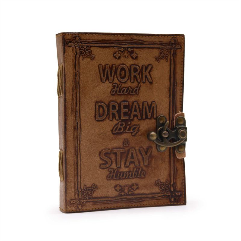 Läderbunden Anteckningsbok - Blankt Papper -  Work & Dream Big (18x13cm) - Ljusbrun
