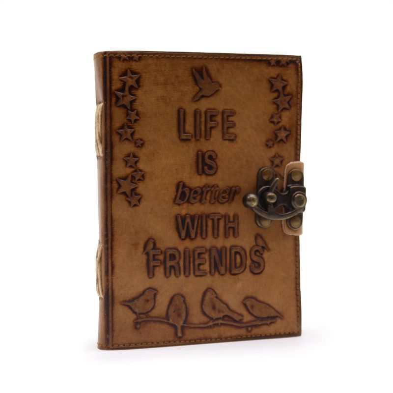 Läderbunden Anteckningsbok - Blankt Papper -  Life is Better with Friends (18x13cm) - Ljusbrun