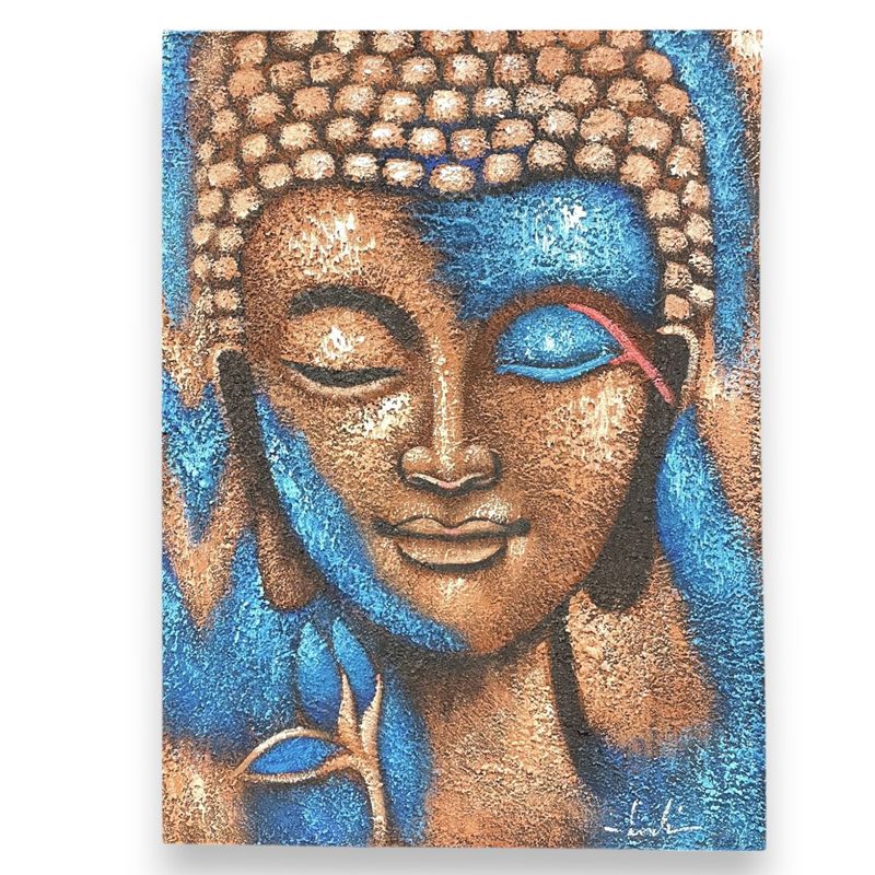 Buddhatavla - Brons & Blå med Blomma 75x55cm