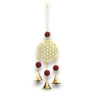 Indiskt Vindspel - Livets Blomma med Rudraksha-pärlor i Mässing - 3 Klockor - 6x27cm