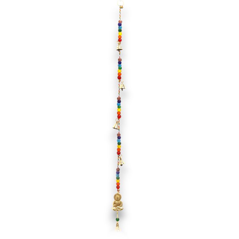 Indiskt Vindspel - Buddha i Mässing med Chakrapärlor och Hängande Klockor - 53cm