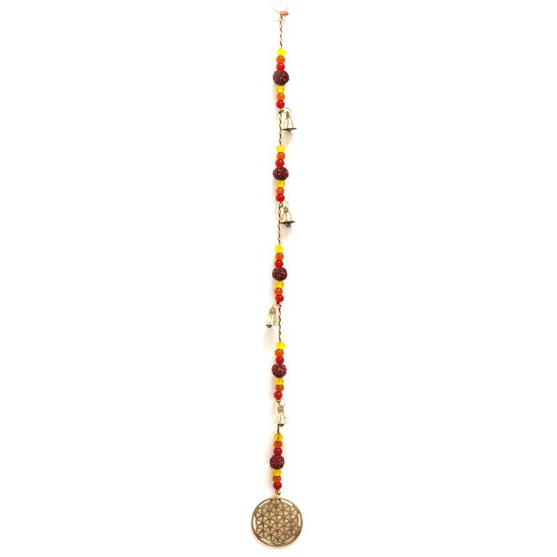 Indiskt Vindspel - Livets Blomma i Mässing med Rudraksha-pärlor och Hängande Klockor - 6x63cm