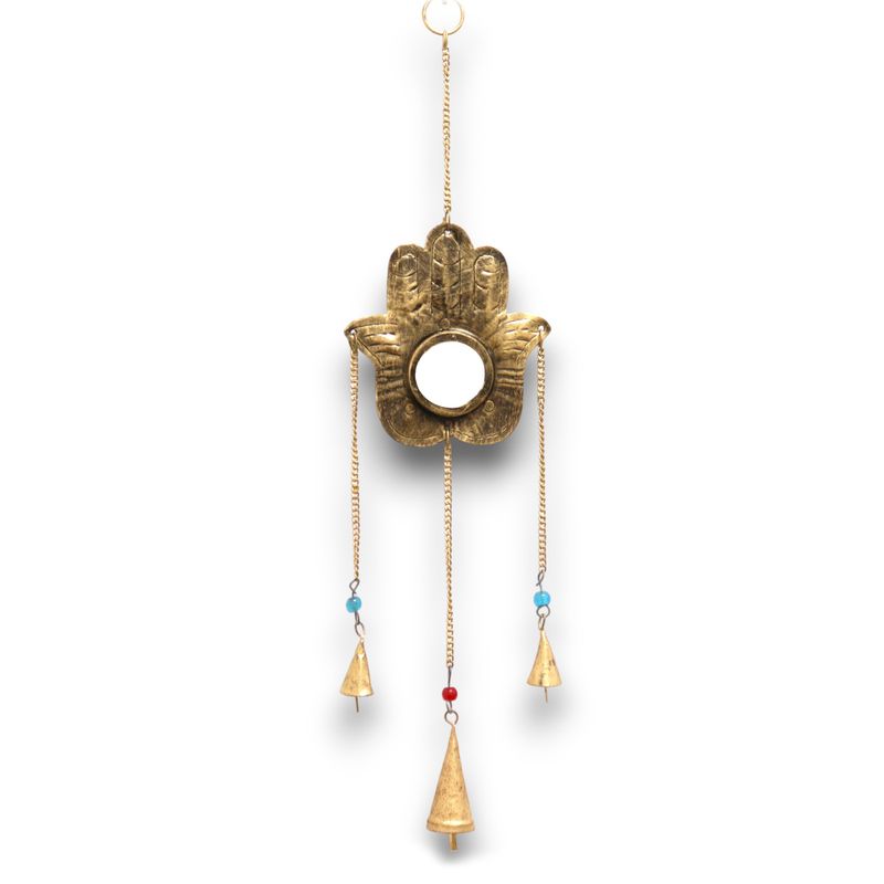 Indiskt Vindspel - Hamsa med Liten Spegel - 3 Klockor - 14x55cm