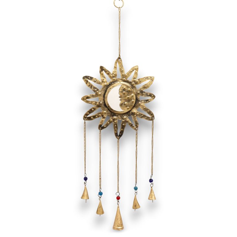 Indiskt Vindspel - Sol & Måne med Liten Spegel - 5 Klockor - 12x65cm