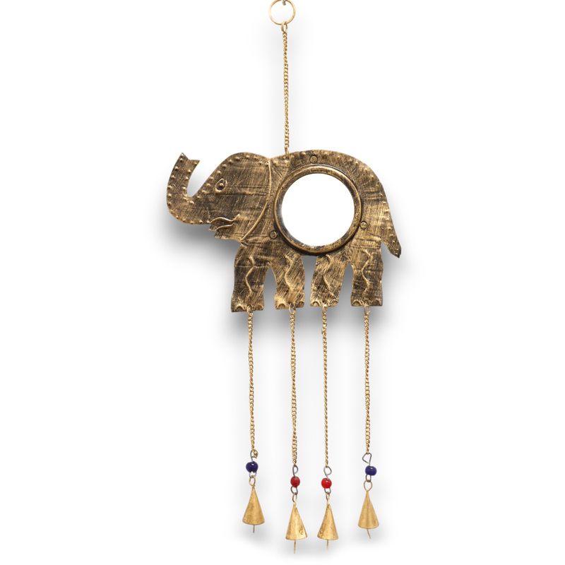 Indiskt Vindspel - Elefant med Stor Spegel - 4 Klockor - 24x60cm