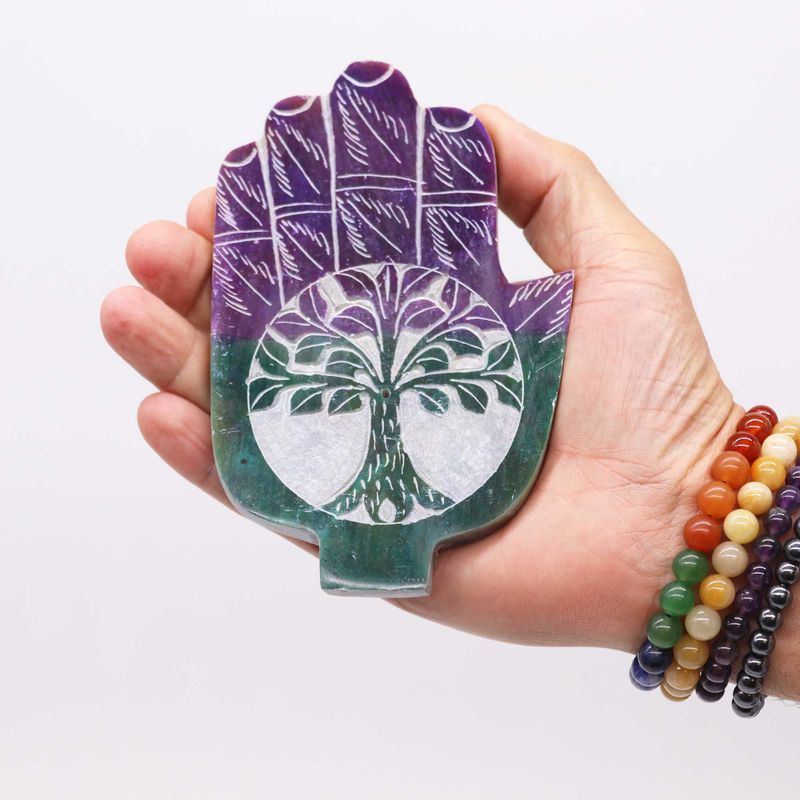 Medelstor Rökelsehållare Hamsa i Täljsten - Livets Träd - 13x9cm