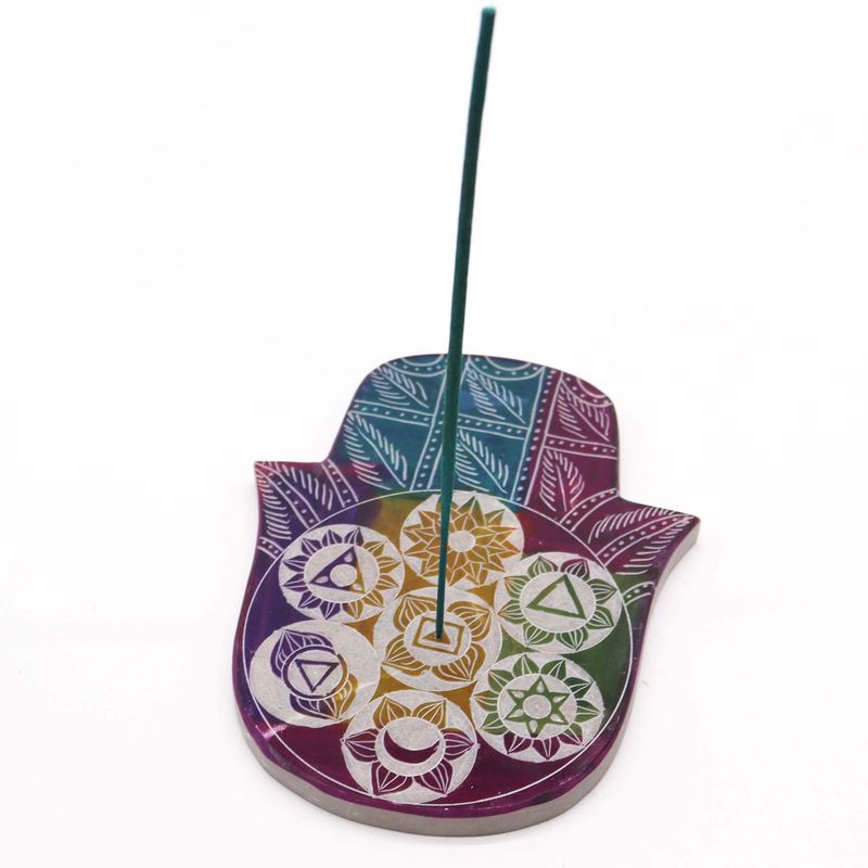 Stor Rökelsehållare Hamsa i Täljsten - 7 Chakra - 18x15x1.2cm