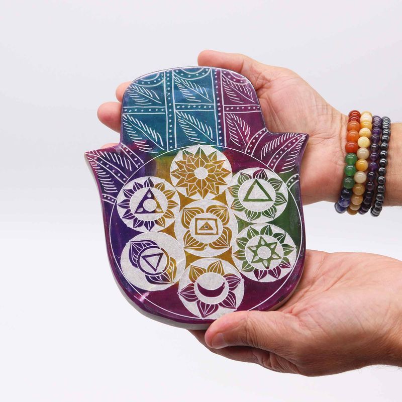Stor Rökelsehållare Hamsa i Täljsten - 7 Chakra - 18x15x1.2cm