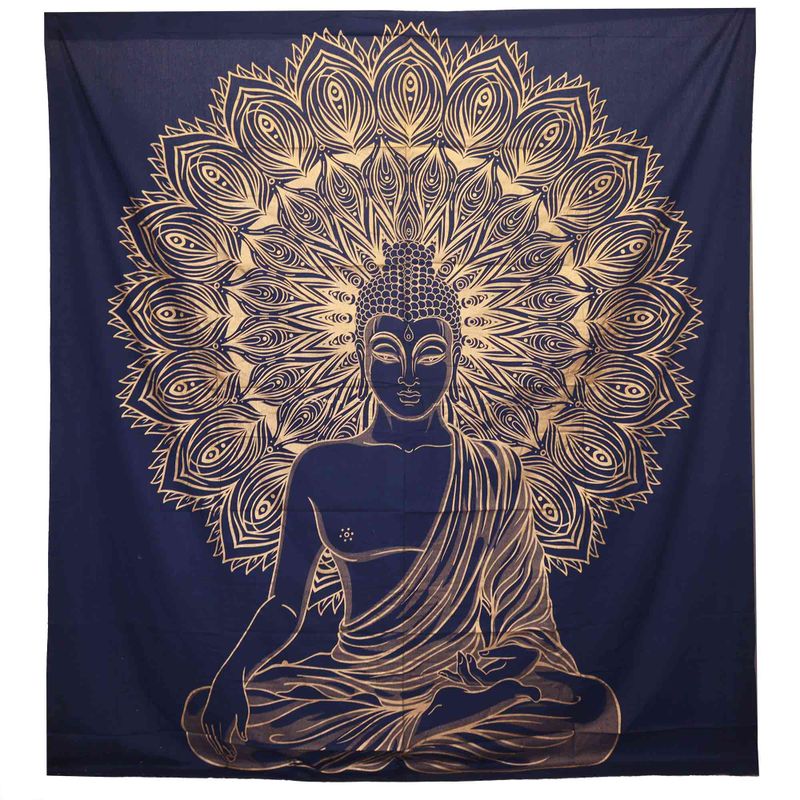 Dubbelt Bomullsöverkast + Väggdekoration - Buddha - Blå & Guld