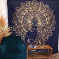 Dubbelt Bomullsöverkast + Väggdekoration - Buddha - Blå & Guld
