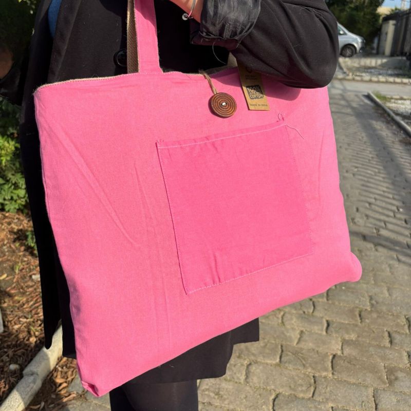 Stor Vändbar Väska i Jute & Bomull - Rosa