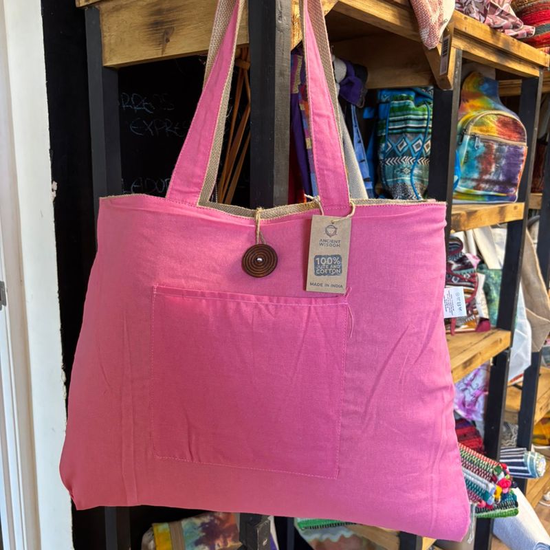 Stor Vändbar Väska i Jute & Bomull - Rosa