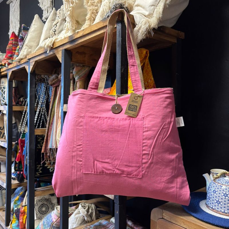 Stor Vändbar Väska i Jute & Bomull - Rosa