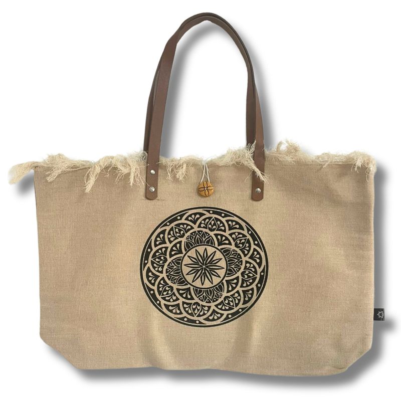 Naturlig Tygväska med Läderhandtag - Mandala