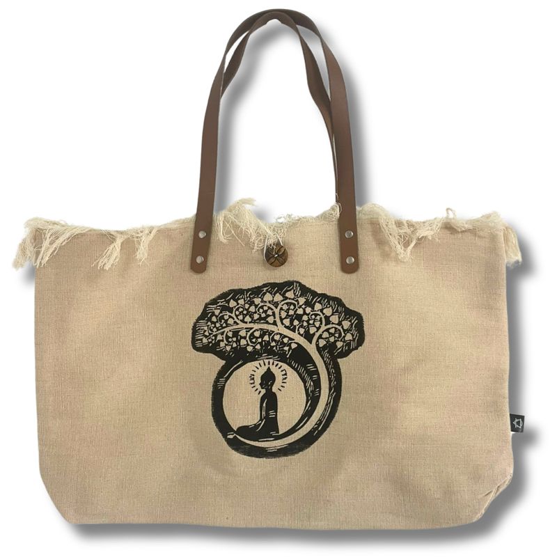 Naturlig Tygväska med Läderhandtag - Buddha