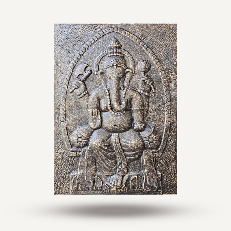 Stor Relief med Ram i Antik Guld - Ganapati - 0.7x1m
