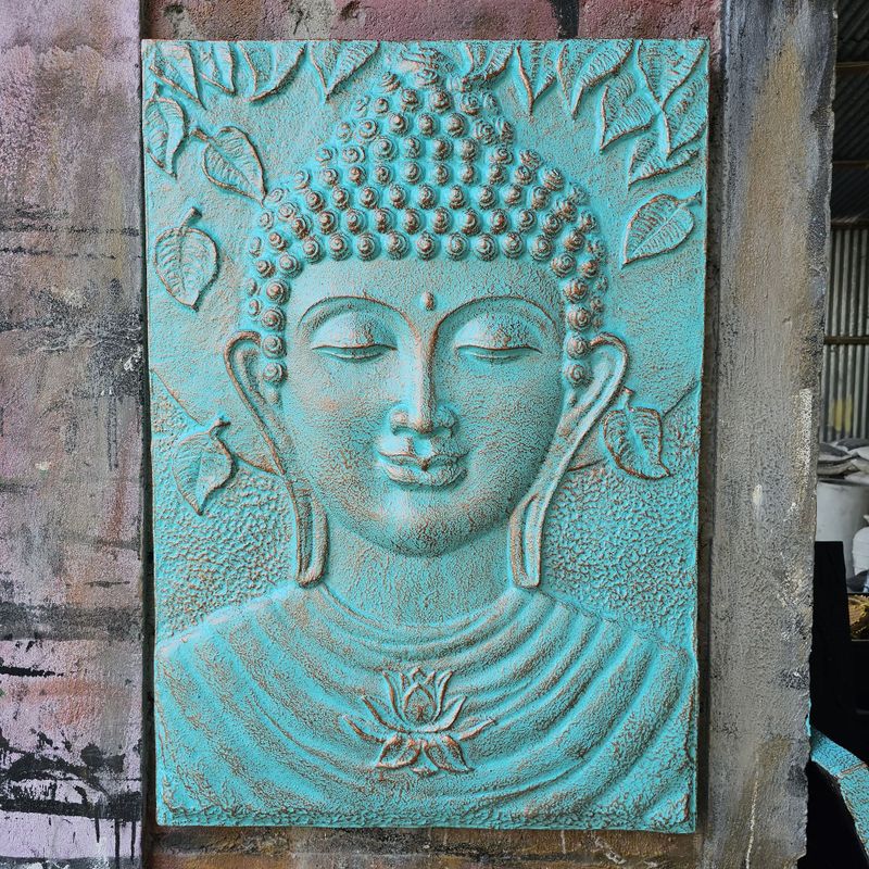 Stor Relief med Ram i Turkos - Buddha - 0.7x1m