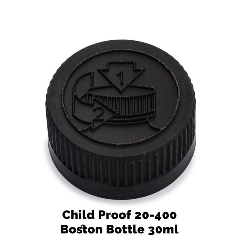Kapsyl till Bärnstensfärgad Boston-flaska Barnsäker 20mm (30ml - 60ml) - Svart Plast