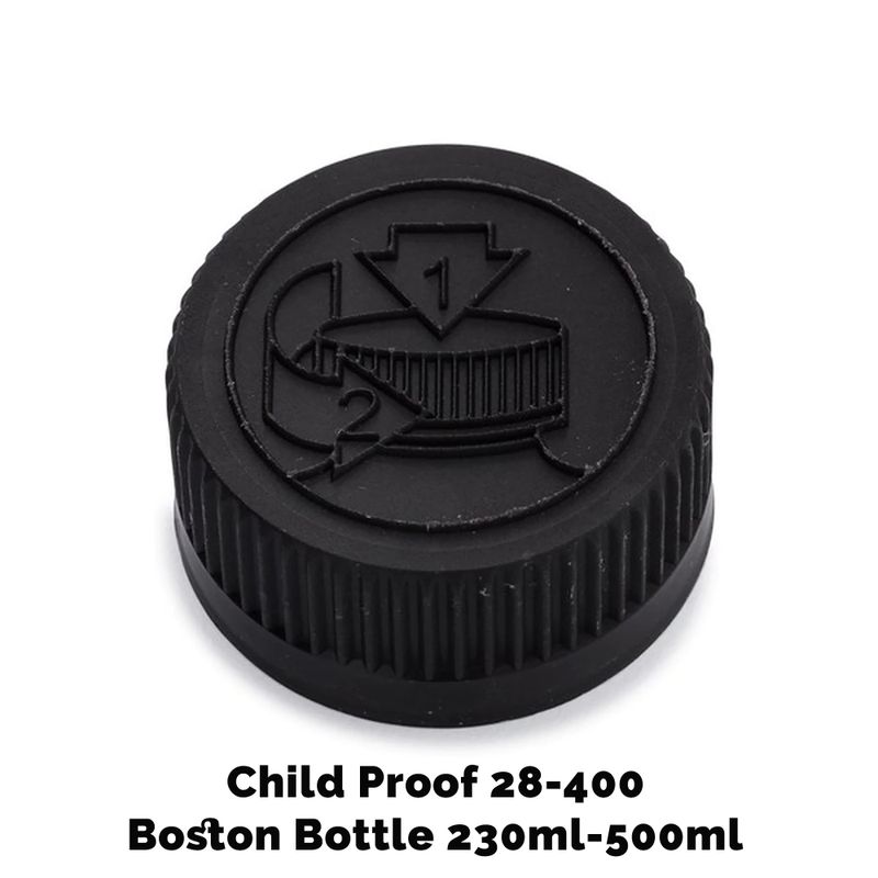 Kapsyl till Bärnstensfärgad Boston-flaska Barnsäker 28mm (230ml & 500ml) - Svart Plast