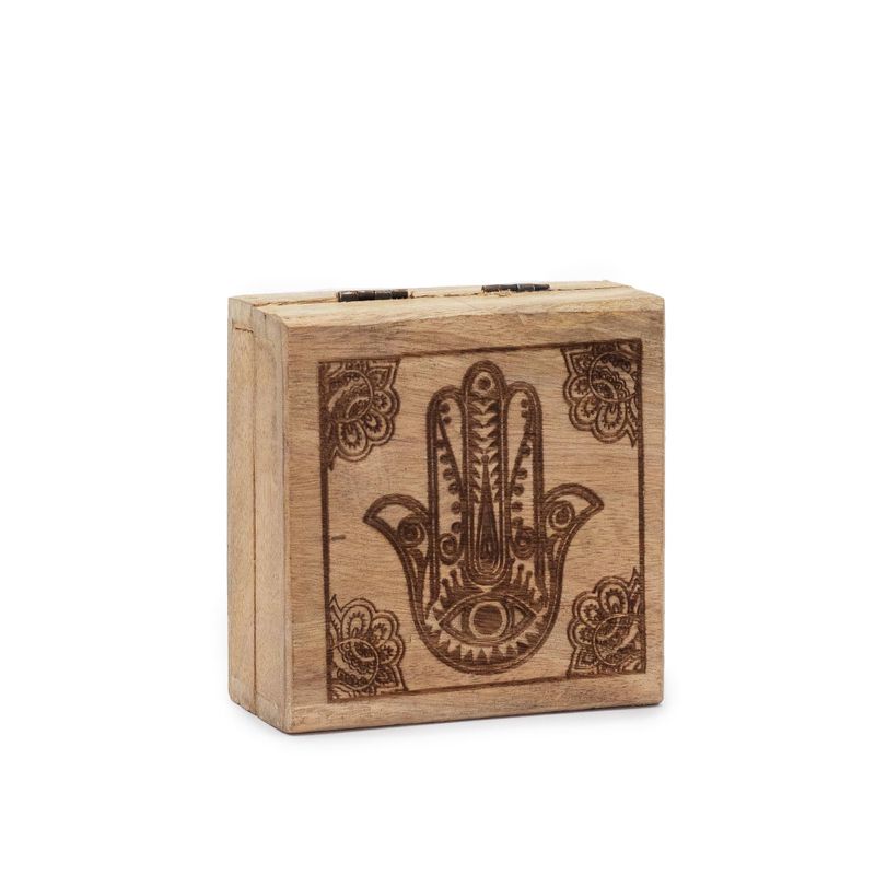 Liten Kvadratisk Ask 10x10x4.2cm - Hamsa - Svart Graverad