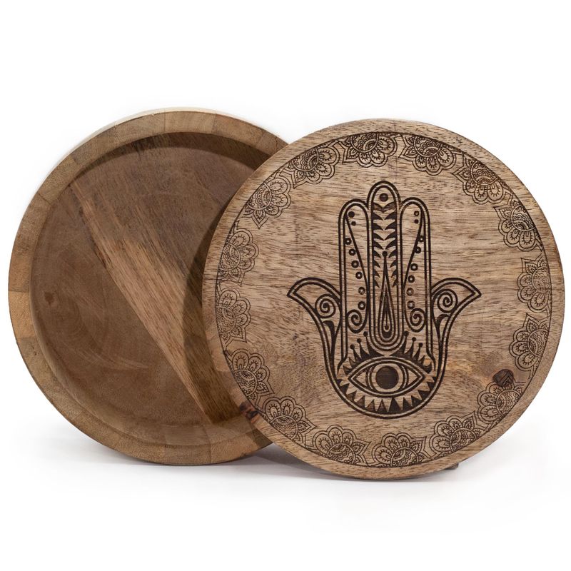 Stor Rund Ask 17.5x7.5cm - Hamsa - Svart Graverad