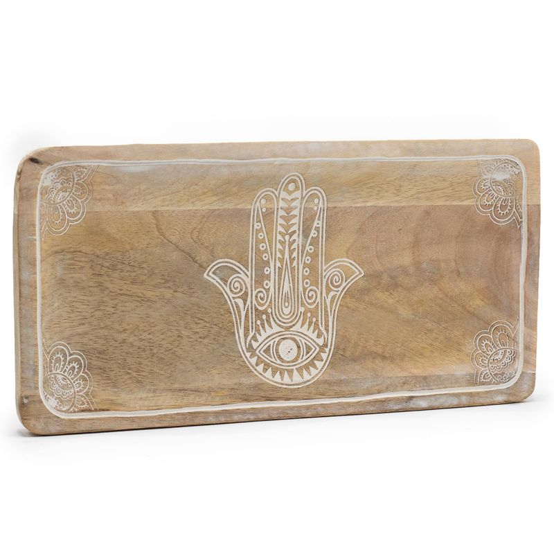 Lång Bricka 30x15x2.5cm - Hamsa-design - Vittvättad