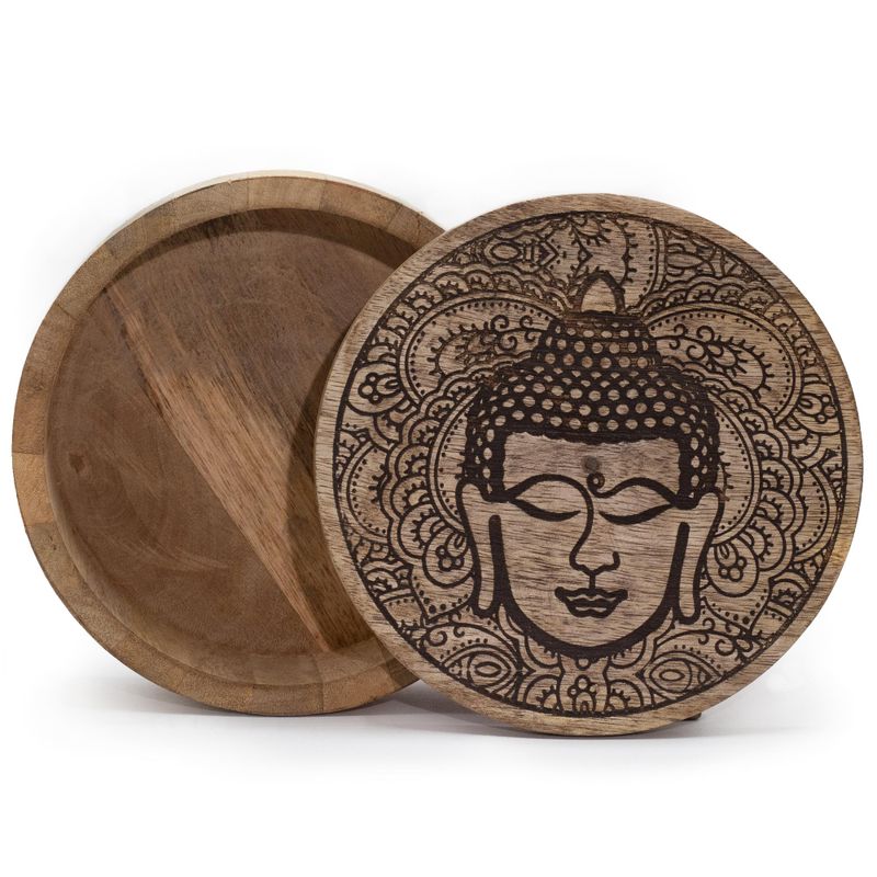 Stor Rund Ask 17.5x7.5cm - Buddhas Ansikte - Svart Graverad