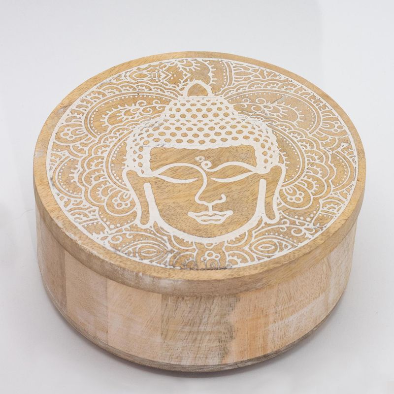 Stor Rund Ask 17.5x7.5cm - Buddhas Ansikte - Vittvättad