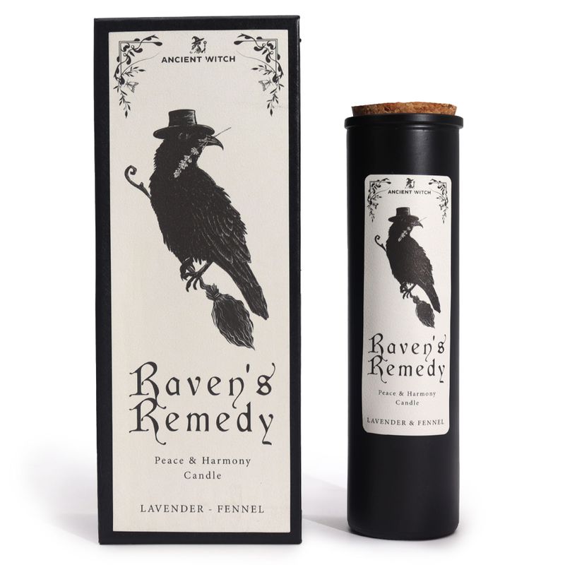 Raven's Remedy antikt häxritualljus och matchande presentförpackning, frontal vy