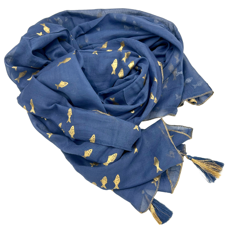 Nomad Sari Pareo - Handmålad Design i Havsblå med Fiskar i Guld
