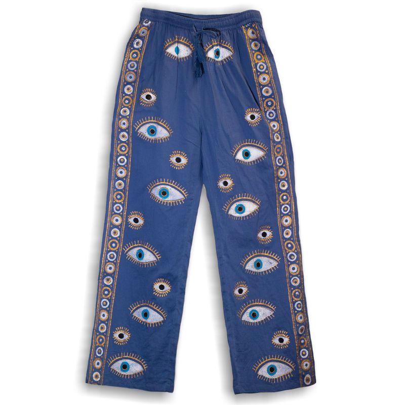 Nomad Sari Byxor M/L - Handmålad Design i Djup Blå & Guld med Onda Ögat