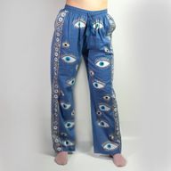 Nomad Sari Byxor M/L - Handmålad Design i Djup Blå & Guld med Onda Ögat