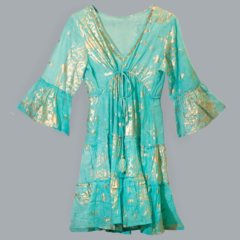 Nomad Sari Klänning M/L - Turkos & Guld Korallmotiv