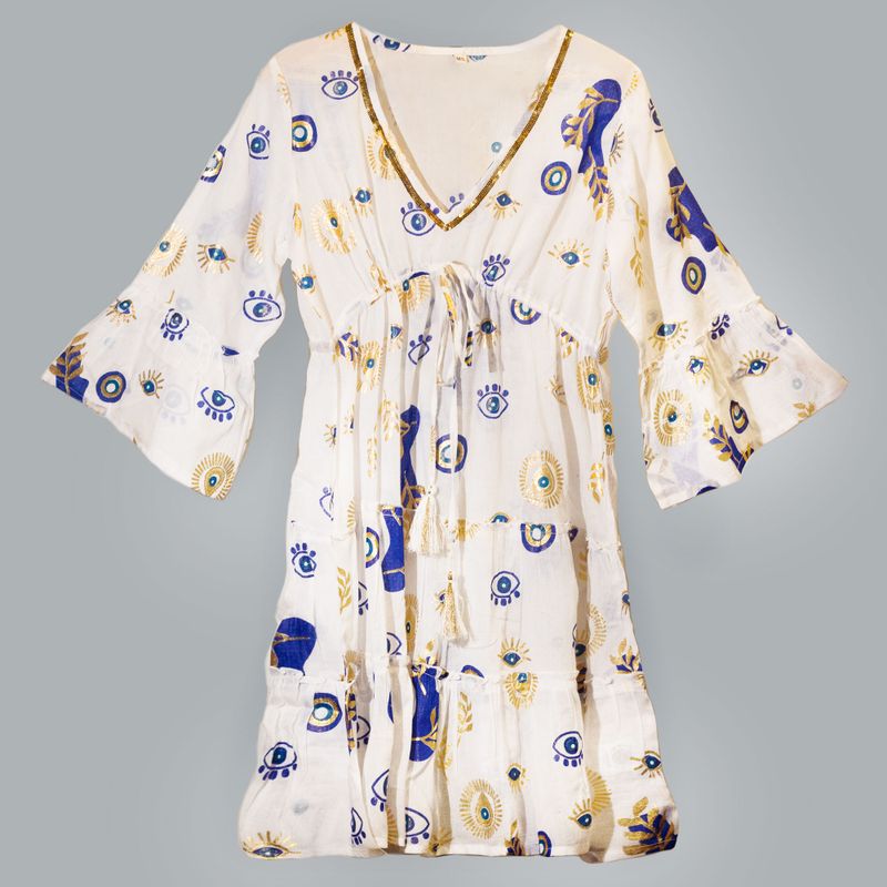 Nomad Sari Klänning M/L - Vit, Blå & Guld Design med Onda Ögat