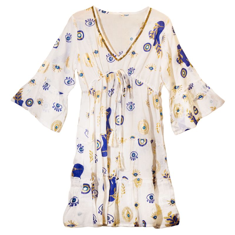 Nomad Sari Klänning M/L - Vit, Blå & Guld Design med Onda Ögat