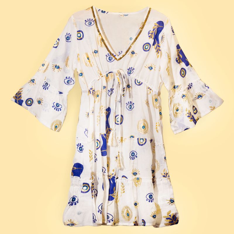 Nomad Sari Klänning M/L - Vit, Blå & Guld Design med Onda Ögat