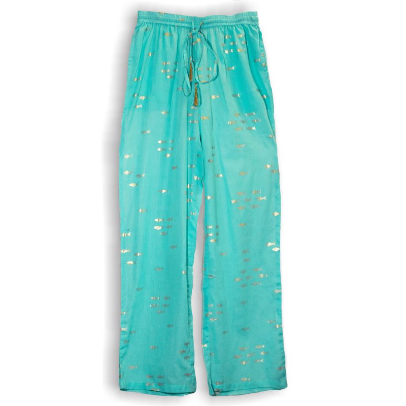 Nomad Sari Byxor M/L - Handmålad Design i Turkos med Fiskar i Guld